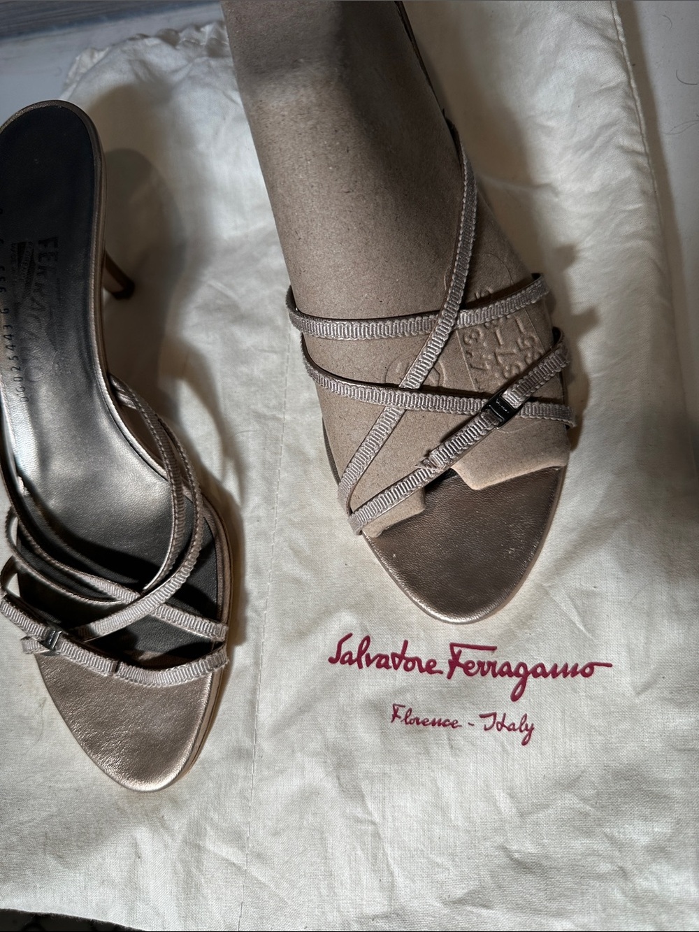 Salvatore Ferragamo Light Tan/Slight Gold Strappy Slide Heels